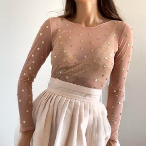 Victoria's Secret | Sheer Pink Long Sleeve Bodysuit Gold Sequin Polka Dots | M